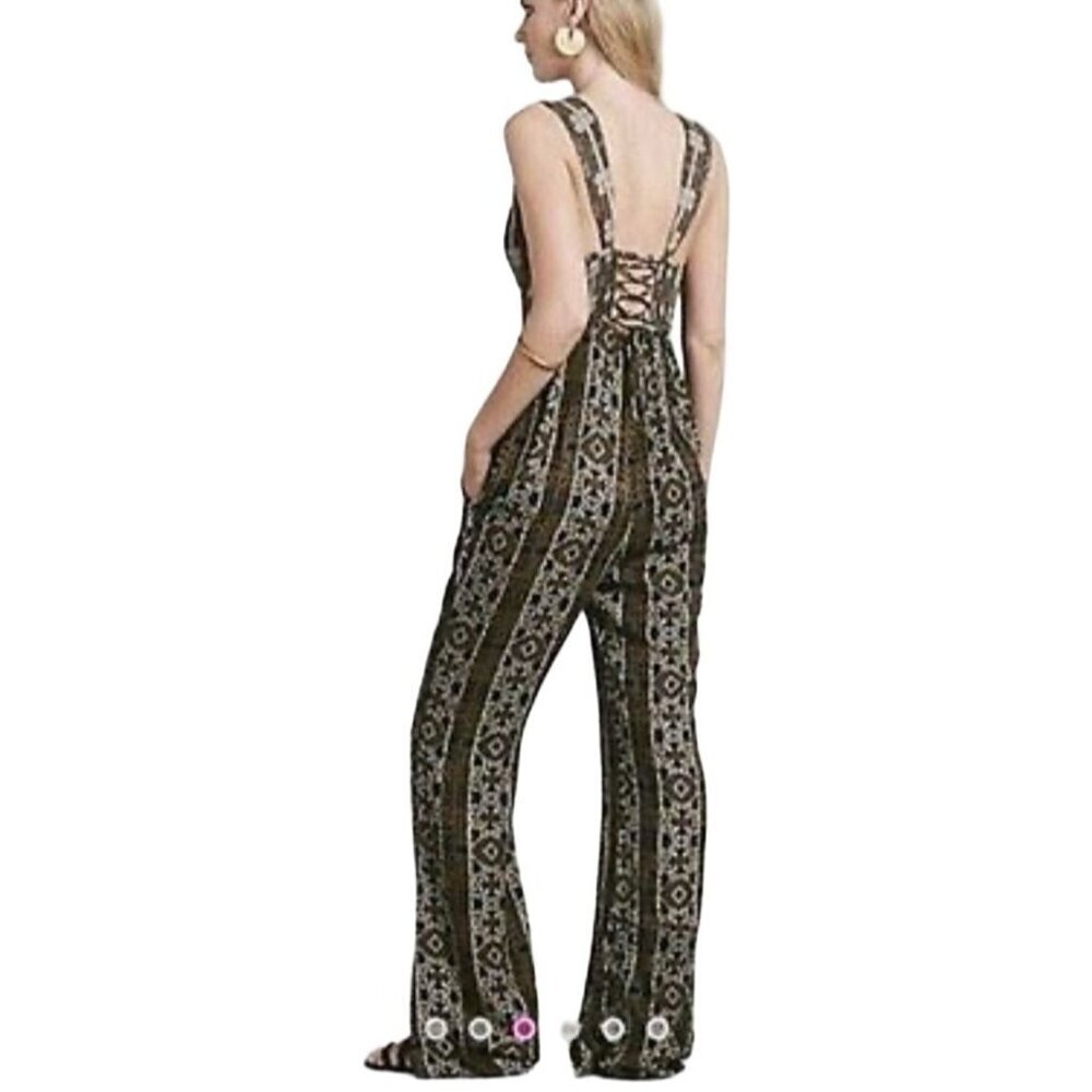 Free People Tribal Print Jumpsuit Retro 70s Bellbottoms Cut Out Crop Top - Picture 2 of 10